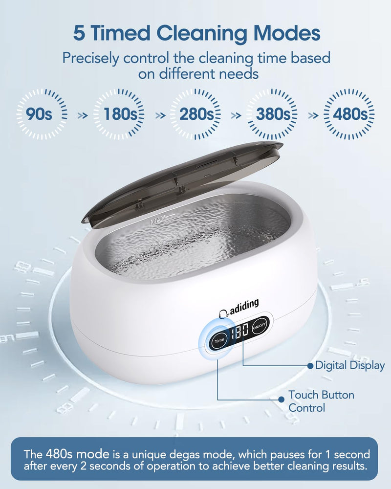 Adiding Jewelry Cleaning Machine, 650mL (23oz) Ring Sonic Cleaner Machine for Glasses, Earring, Denture, Retainer, Watch Straps, Razor -5 Cleaning Modes, Digital Timer, SUS304 Stainless Steel Brown