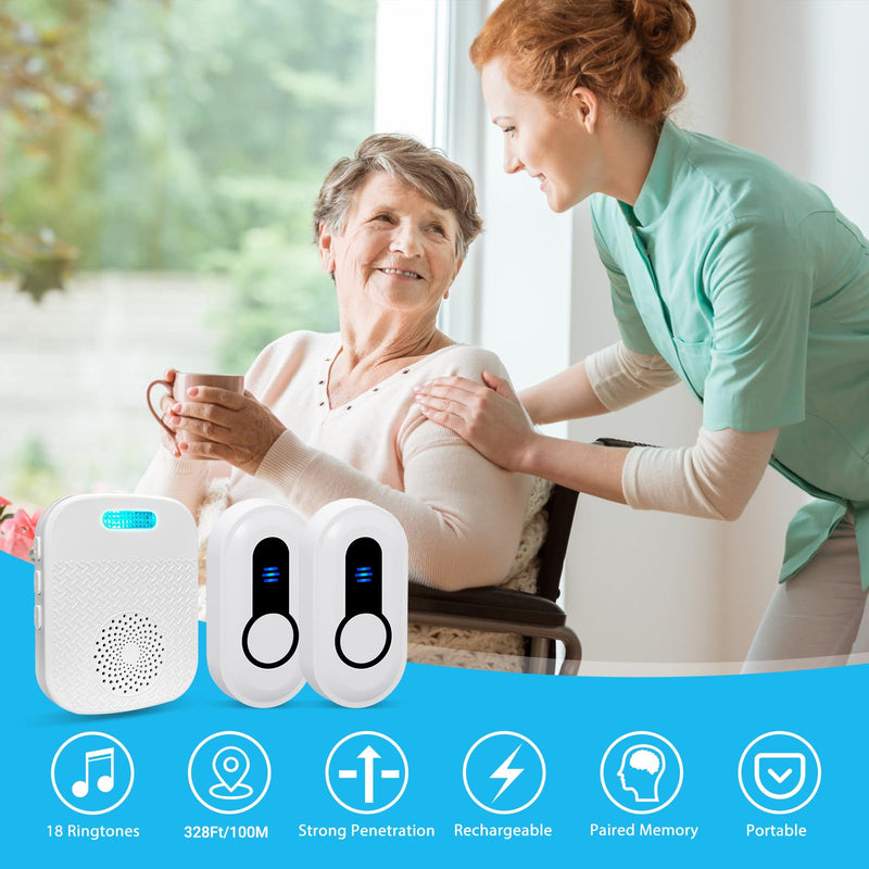 SanJie Wireless Caregiver Pager Call Bell for Patients at Home 328Ft Range Call Button for Elderly Life Alert Systems for Seniors (2 Rechargeable & Portable Receiver,3 Emergency Button) 3 buttons+2 receivers