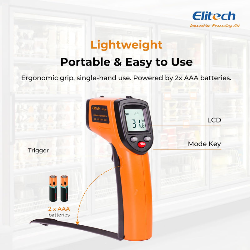 [Australia - AusPower] - Elitech Laser Temperature Gun, Non-Contact Digital Infrared Thermometer, Adjustable Emissivity, Backlight, Handheld for Grill, Meat, Food, Candy, Automotive, HVAC Tools, -50~530°C(-58~986°F), DIT-220 1 