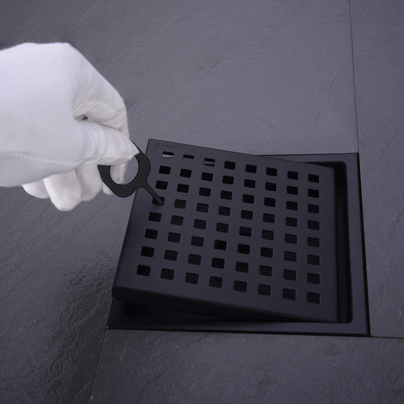 6 inch Stainless Steel Shower Floor Drain with Threaded Adapter, Removable Grid Cover, Black Matte Black