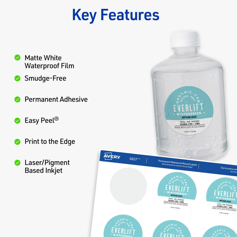 Avery Durable Waterproof Labels, Sure Feed Technology, 2" Diameter, Matte White, Laser/Pigment-Inkjet Printable, 96 Blank Labels, Great for Food Containers, Product Merchandising, and More (5657) 96 labels