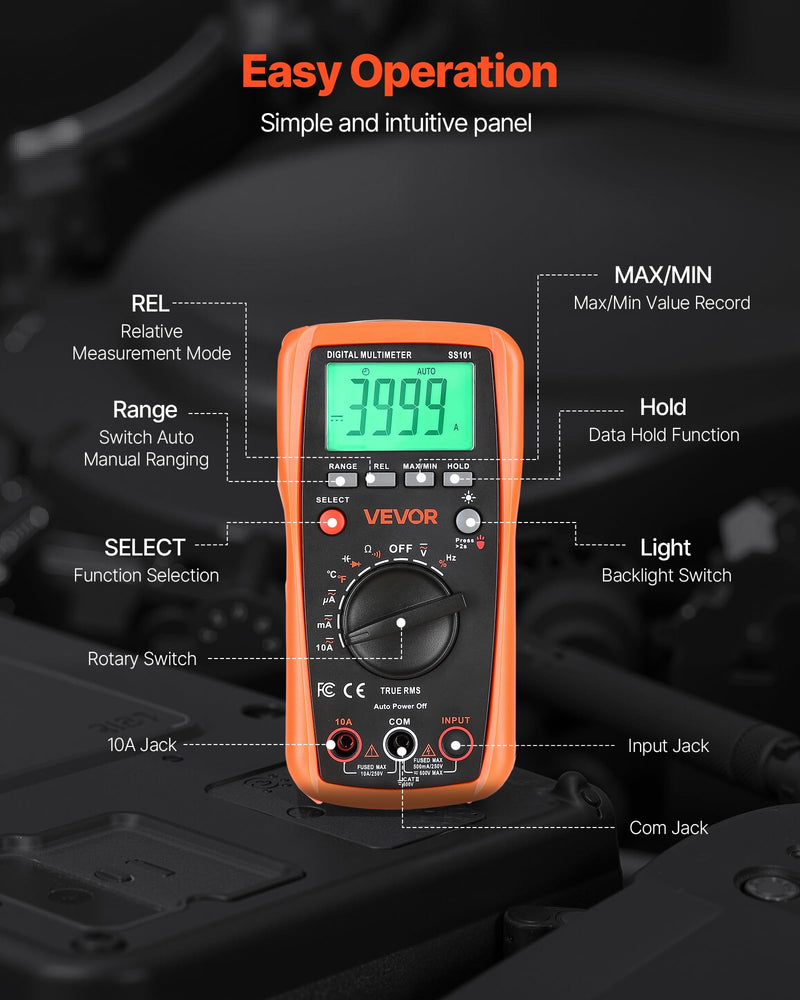 [Australia - AusPower] - VEVOR Digital Multimeter, 4000-Count TRMS DC/AC Voltmeter Current Tester, Auto-Ranging Multimeter for Current Voltage Resistance Capacitance Temperature Diodes Continuity Duty-Cycle Measurments 
