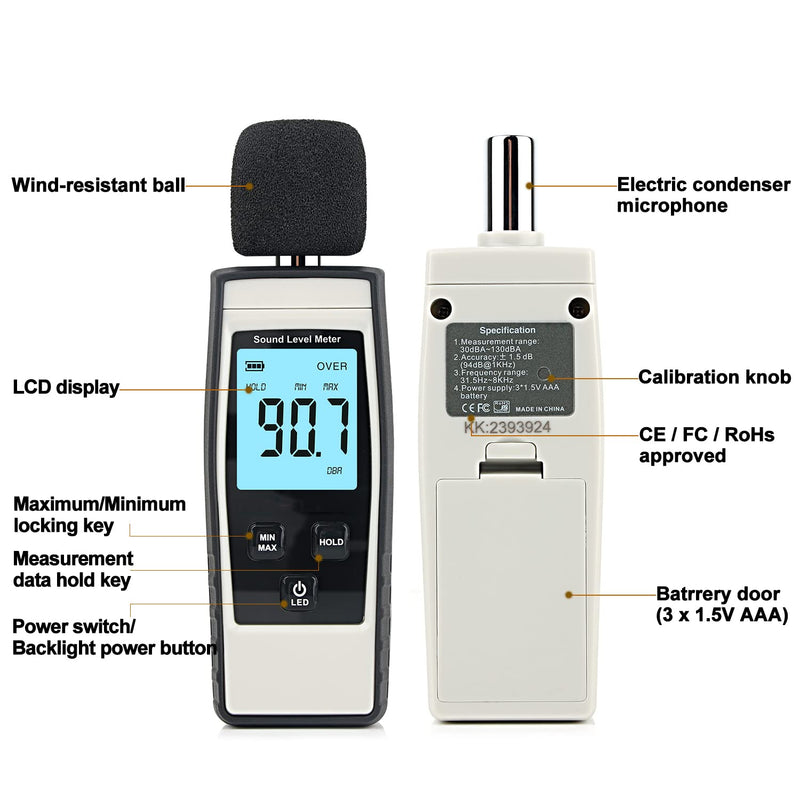 [Australia - AusPower] - Decibel Meter, Portable SPL Meter (Sound Pressure Level Meter), Digital Noise Meter, Range 30-130 dB(A) db Meter, Noise Volume Sound Monitoring Tester (Battery Included) Gray 