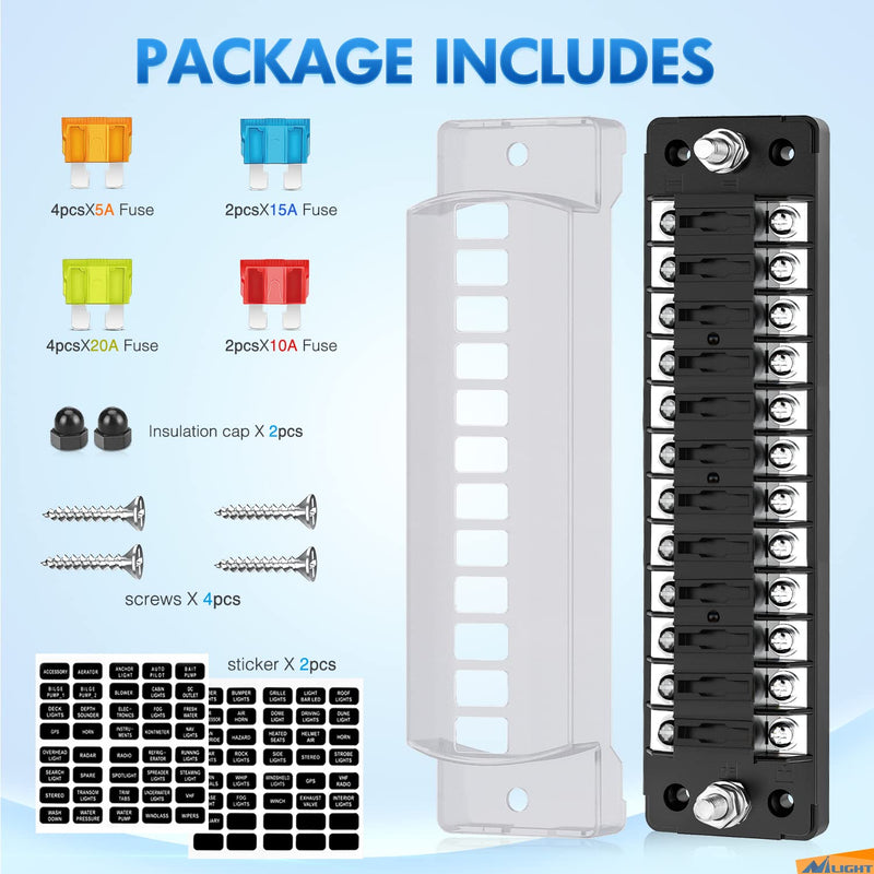 Nilight 12 Way Fuse Block with Negative Bus 12V Blade Holder ATC/ATO Standard Box Label Stickers Waterproof Cover Panel for Automotive Cars Trucks RVs Campers Vans