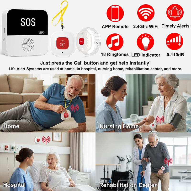 Wireless Caregiver Pager Life Alert System for Seniors No Monthly Fee, Wi-Fi APP Control Medical Alert Systems for Seniors at Home, Waterproof Call Button for Elderly, Patients, Disabled 1 Receiver+1 Button+1 Watch