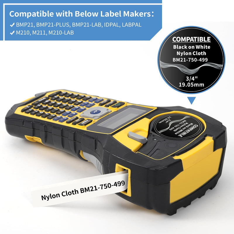 MarkDomain Compatible M21-750-499 3/4 Inch Black on White Muti-Purpose Nylon Label Tape Work with BMP21-PLUS, BMP21-LAB0, M210, M211, M210-LAB, IDPAL, LABPAL Label Printer, 0.75" Width, 2-Pack 2PK Muti-Purpose Nylon Label Tapes