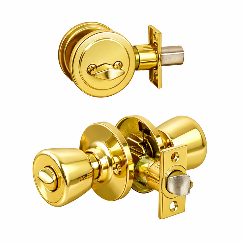 Design House 728329 Terrace 6-Way Universal Entry Door Knob and Single Cylinder Deadbolt Polished Brass Keyed Entry with Deadbolt
