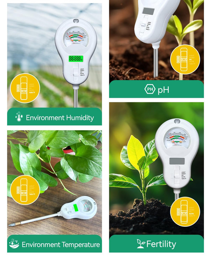 6in1 Multi-Function Soil Moisture Meters Tester Temperature/PH/Humidity/Moisture/Sunlight/Fertility Meter Soil Testing Analyzer Kit for Plants Farms Gardens Lawns Indoor Outdoor Plant Care