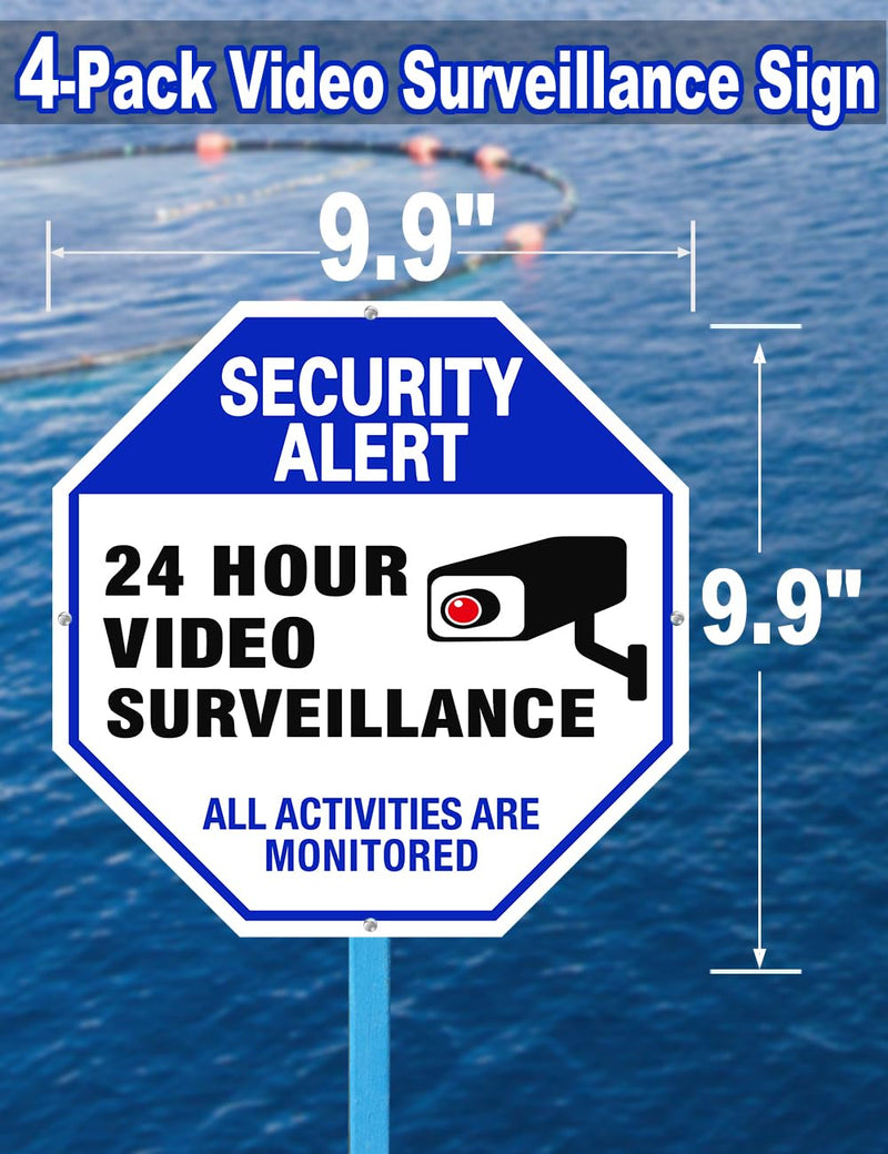 [Australia - AusPower] - Video Surveillance Sign, 4-Pack 10"x10" Security Camera Sign, Reflective and Waterproof Material 24 Hour Surveillance Sign For Home/Business sing-03-Blue 4 Packs 