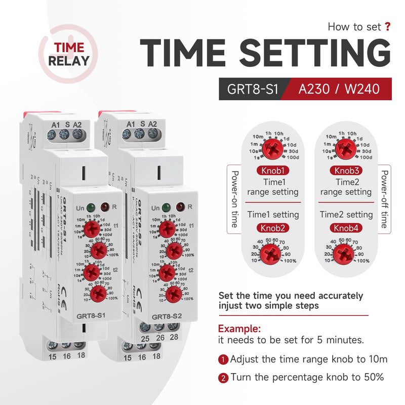 Asymmetric Cycle Timer Relay 1SPDT AC 230V 16A Long or Short Period Repeat Cycle Tntermittent Timer Electronic Relay in Din Rail (GRT8-S1 AC 230V) GRT8-S1 AC 230V