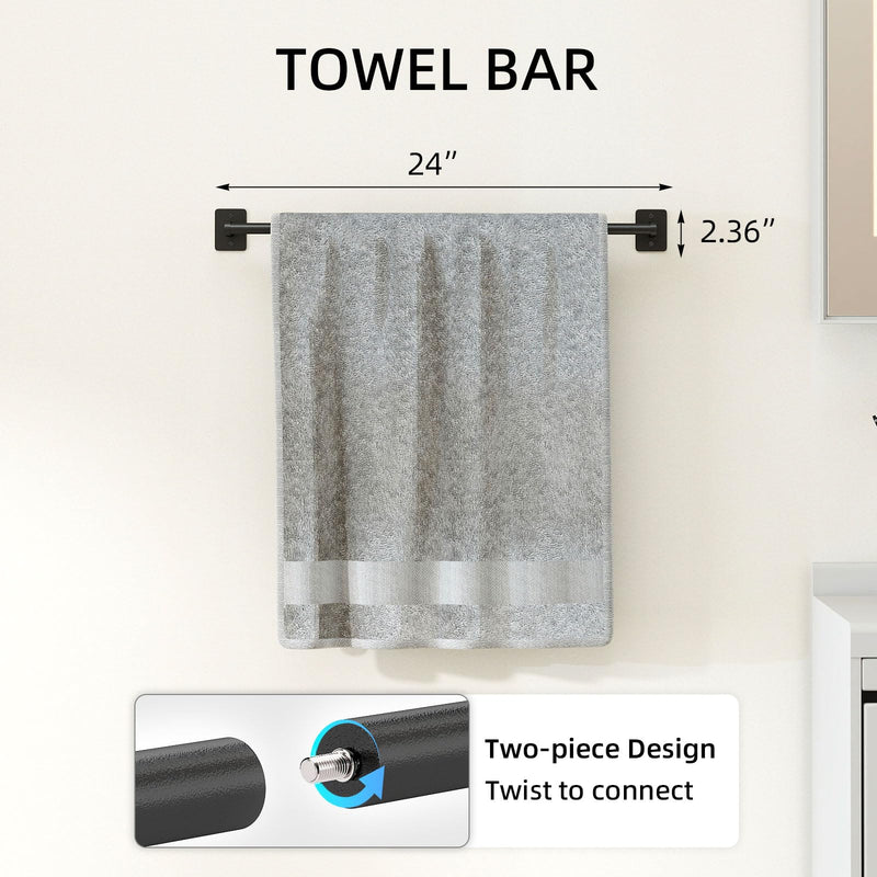 Matte Black Bathroom Accessories Set 4-Pieces, Towel Racks for Bathroom 24Inch Towel Bar, Towel Ring, Towel Hooks, Toilet Paper Holder with Shelf, Stainless Steel Wall Mounted Bathroom Hardware Set