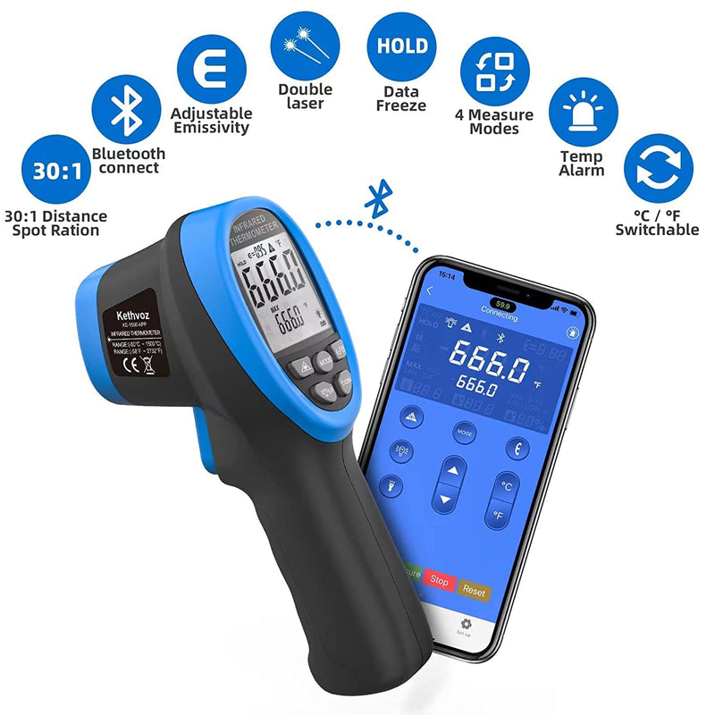[Australia - AusPower] - Digital Infrared Thermometer Gun, Kethvoz Dual Laser 30:1 Infrared Thermometer Gun Measure Temp -58℉~2732℉, Industrial Pyrometer for Cooking Grilling Pizza Oven HVAC 1500APP Thermometer w/ Data Logging 1500APP 