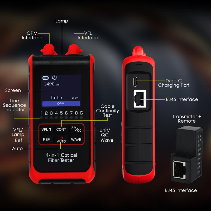 [Australia - AusPower] - 4-in-1 Fiber Optic Power Meter Portable Optical Fiber Power Tester Optical Fiber Cable Tester Visual Fault Locator VFL OPM REF FC/SC/ST Universal Interface LCD Display Fiber Tester 