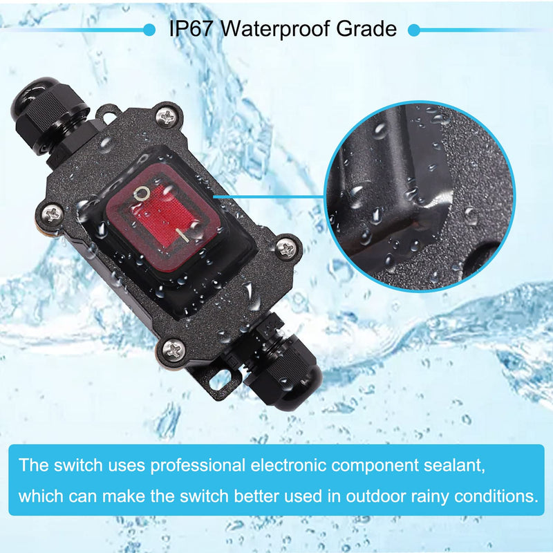 [Australia - AusPower] - IP67 Waterproof Inline Cord Switch 12V DC 20A DPST 4Pin 2 Position On Off Outdoor Toggle Switch with Red Light Rocker Button,Two-Side Entry & Exit Line DC 12-24V 