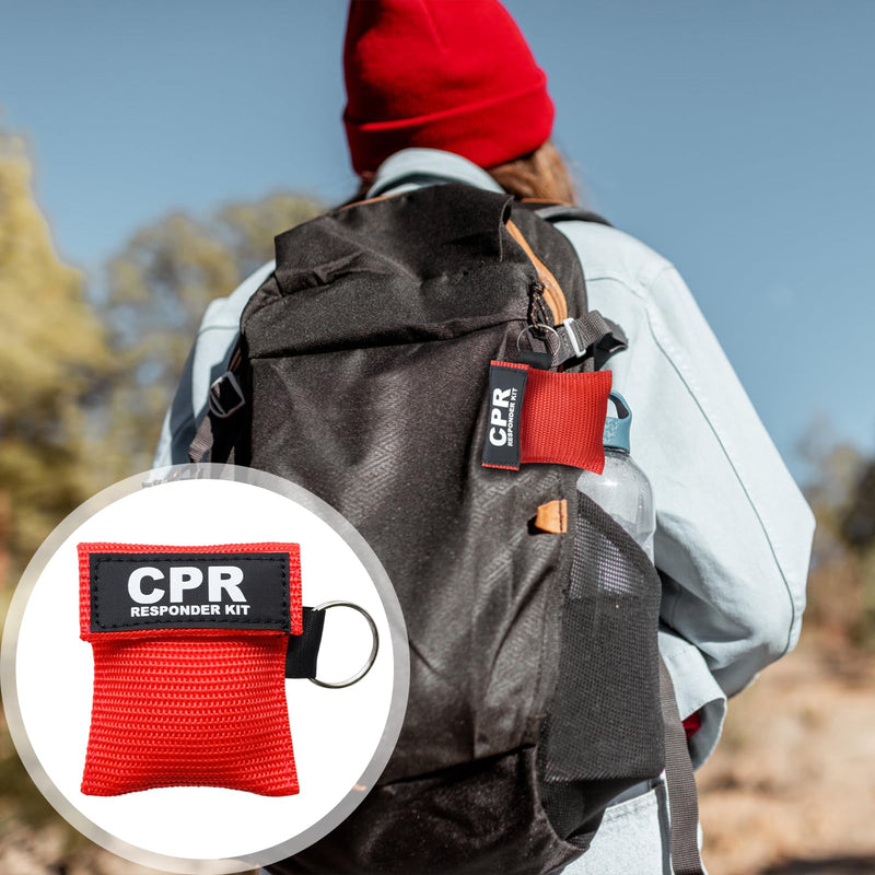 [Australia - AusPower] - AOUTACC 5PCS CPR Mask and PVC Disposable Gloves for Pocket or Key Chain, CPR Emergency Face Shield with One-way Valve Breathing Barrier for First Aid or AED Training Bright Red-5 