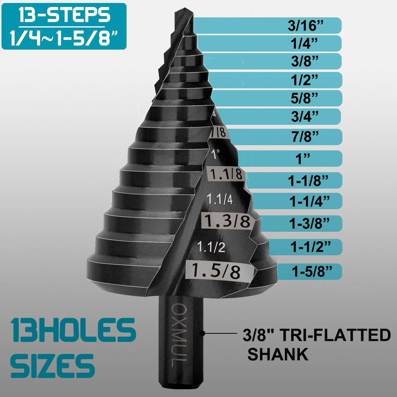 Large Step Drill Bit for Steel,1-5/8",13Hole,M42 Cobalt Step Bit, | Extra-Heavy Duty for Stainless Steel, Hard Metal, Aluminum, Wood, 13-Steps, 2 sprial flute. Co158 1Unibit 1-5/8