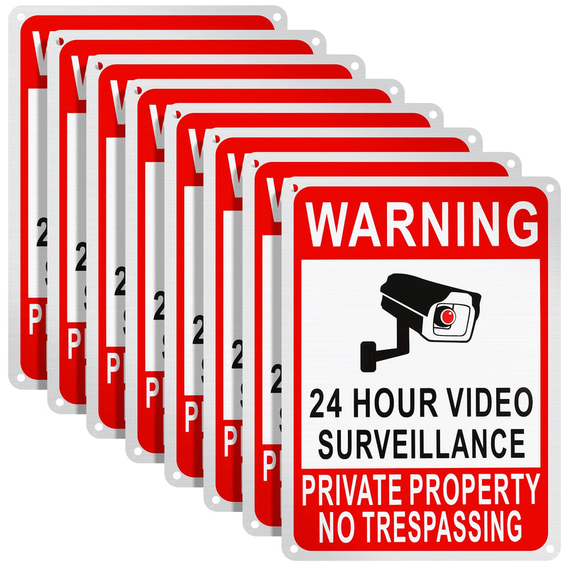 Kenning 8 Pack Private Property No Trespassing Sign 24 Hour Video Surveillance 14 x 10 Inches Reflective Aluminum Security Camera Plate Trespassers Will Be Shot Warning Signs for Home Safety