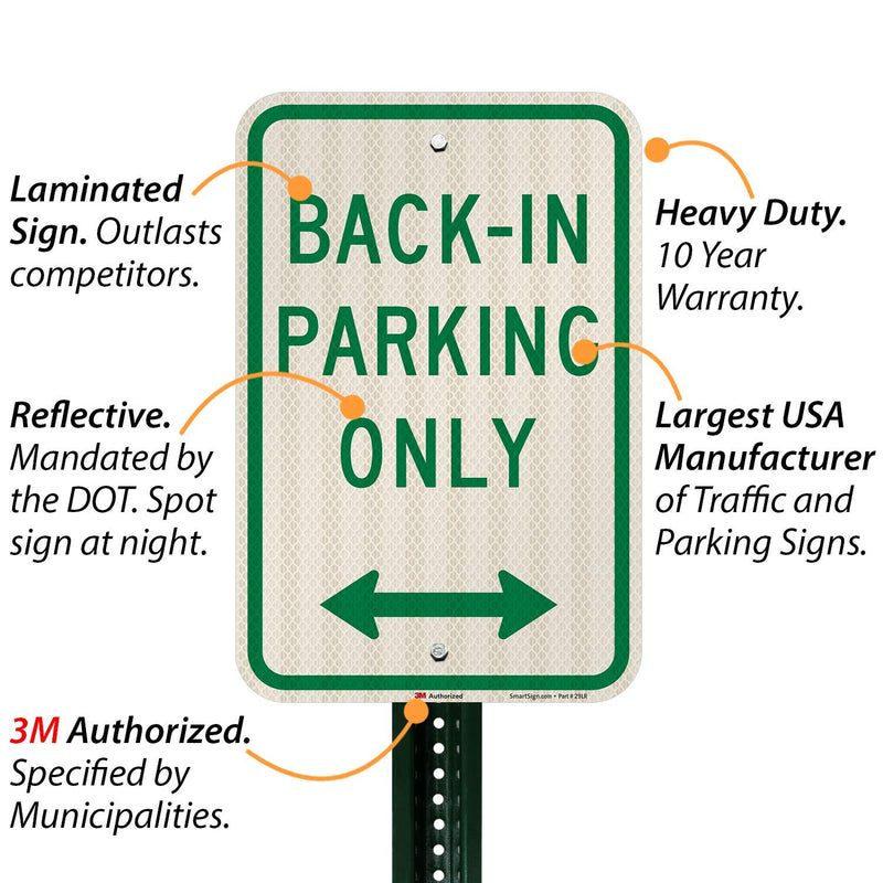 SmartSign - K-6986-HI-12x18 "Back-In Parking Only" Sign with Bidirectional Arrow | 12" x 18" High Intensity Grade Reflective Aluminum Green on White