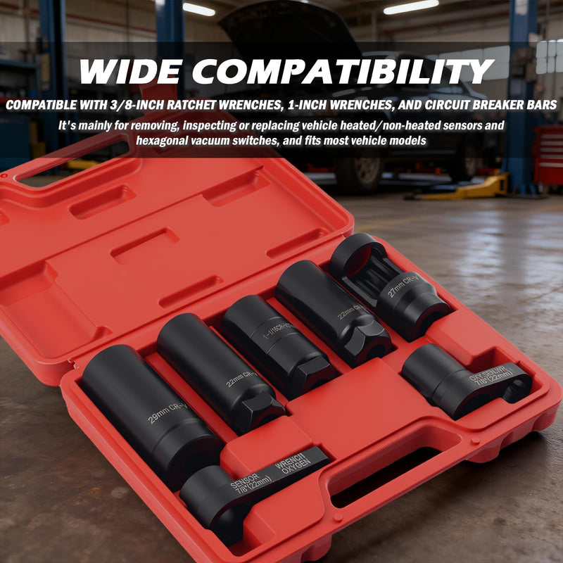7PCS Sensor Socket Set,Heavy Duty Oil Pressure Sensor Socket 22mm 27mm 29mm,Side-Cut Access Automotive Tools for Removing & Install Sensors