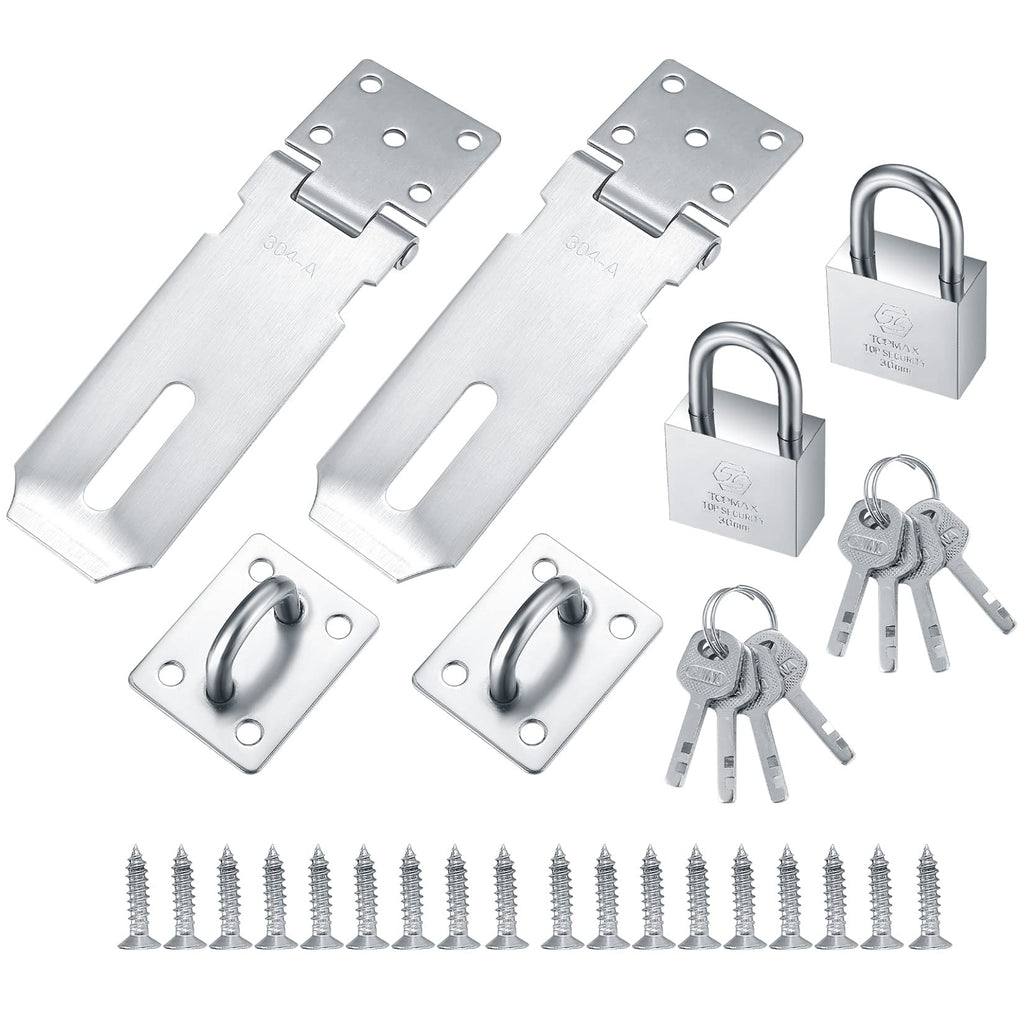 2 Pcs Padlock Hasp Latch Locks, Stainless Steel Gate Door Locks Hasp Latches, Safety Packlock Clasp Hasp Locks, Hasp Lock Catch Latch Safety Lock with Keys for Cabinets Closets Doors (Silver) Silver