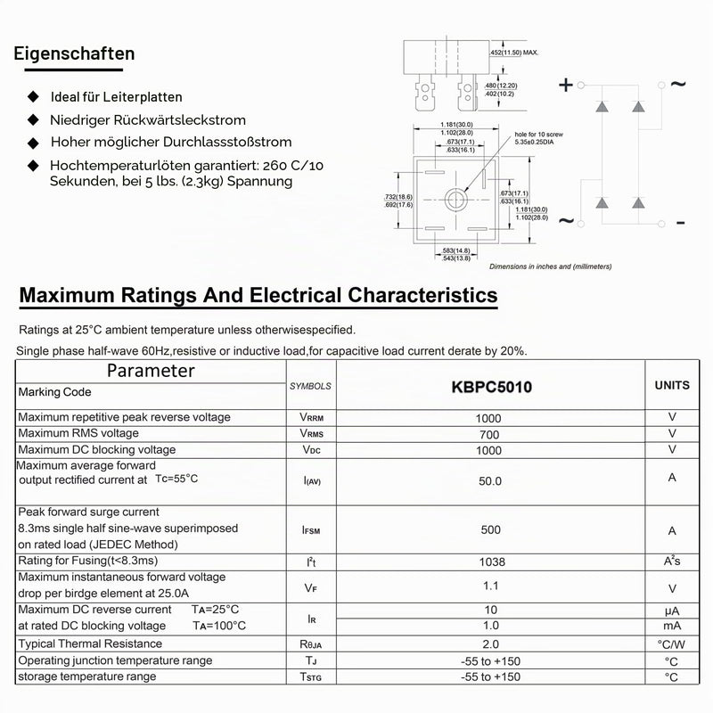 KBPC5010 Bridge Rectifier Diode 50A 1000V Bridge Rectifier Diode KBPC 5010 Bridge Rectifier Diodes Single Phase Full Wave 50 Amp 1000 Volt 4 Pin Through Hole (Pack of 5) KBPC5010