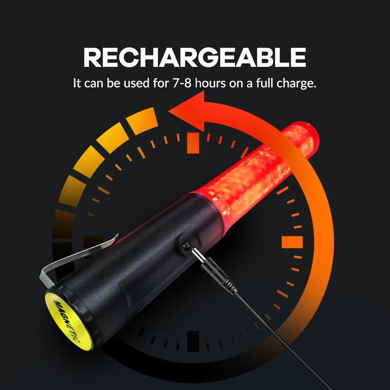 [Australia - AusPower] - 10 Inch Rechargeable Traffic Wand, Red Traffic Control Baton with White LED on Top, Multifunction Air Marshalling Wand with 3 Flashing Modes for Airport, Parking, Car Directing 1 Pack (Rechargeable Style) 