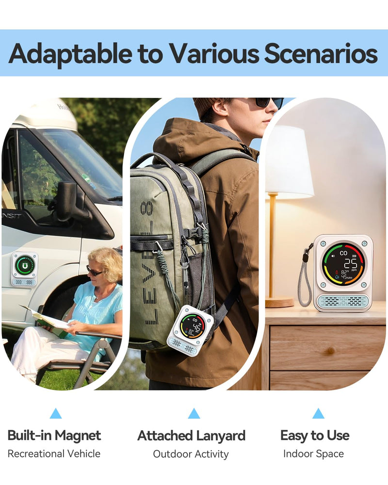 MOESAPU 3-In-1 Portable Carbon Monoxide Detector, 0-1000ppm CO Meter with Temperature Humidity, 260H Standby Rechargeable Battery, Magnetic Air Quality Monitor Alarm for Travel car Camping Home Safety White