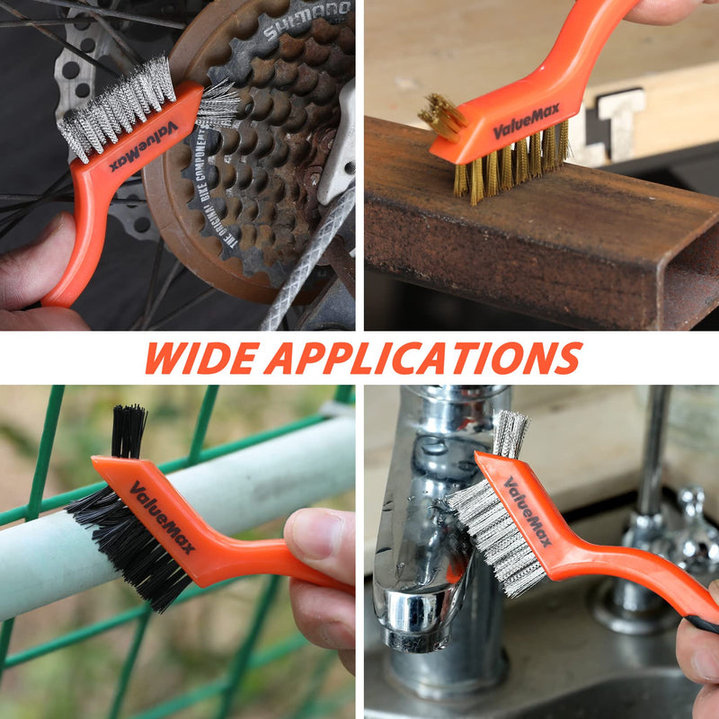 [Australia - AusPower] - ValueMax Wire Brush Set, 8Pcs Stainless Steel/Brass/Nylon Bristles with Curved Handle Grip, Heavy Duty Stainless Steel Wire Scratch Brush with Beechwood Handle for Rust, Dirt and Paint Cleaning 