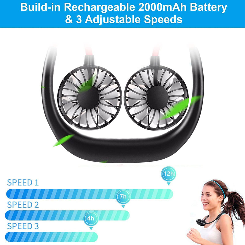 [Australia - AusPower] - RJVW Portable Neck Fan, Hand Free Personal Hanging Neck Sports Fan USB Rechargeable (3 Speed Adjustable) Wearable Cooling Head Fan,360 Degree Free Rotation for Traveling, Sports, Office, Reading Full Black 