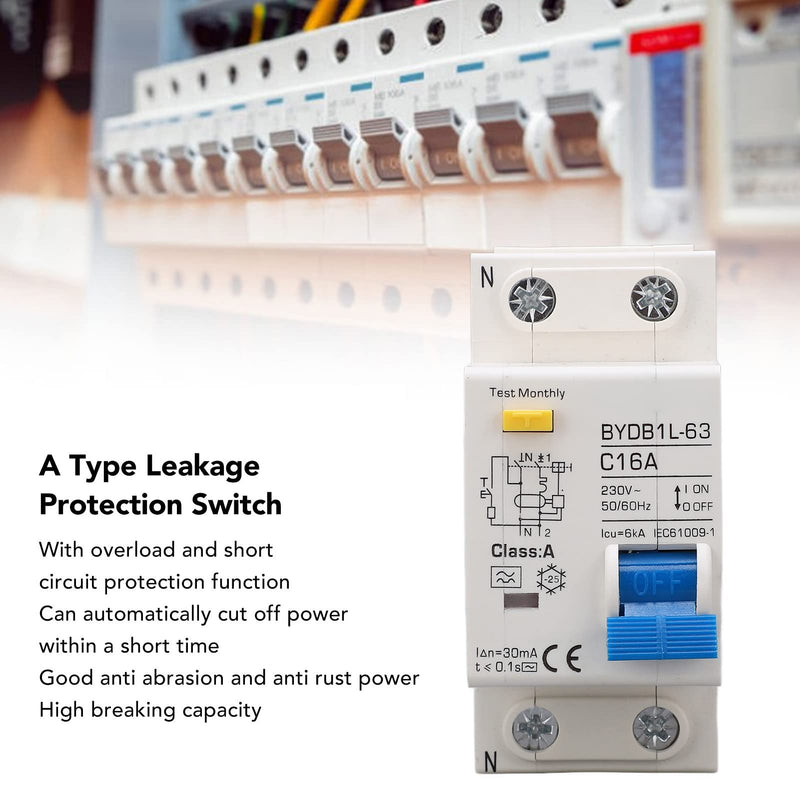 Fi Circuit Breaker, AC 230 V 30 mA 16 A 1P+N Circuit Breaker, A Type C16 Single-Pole Circuit Breaker, DIN Rail, Leakage Protection, Overload Protection, Residual Current Circuit Breaker, FI/LS Switch 16A