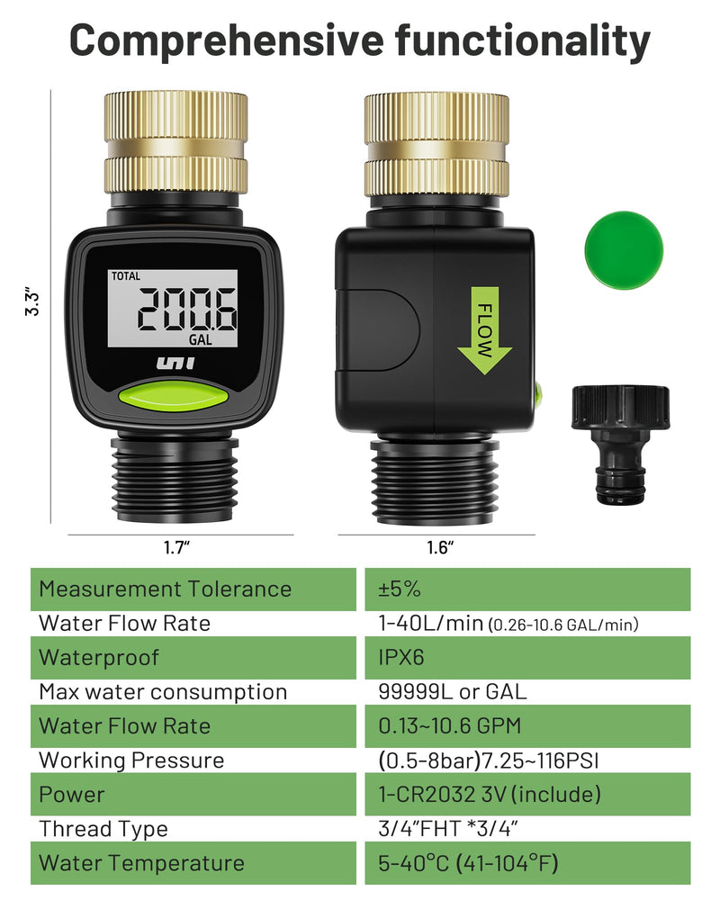 Unistyle Water Flow Meter with Brass Inlet Metal Thread, ±5% Measure Accuracy, RV Water Tank Filling, Measure Gallon/Liter Flow Rate Outdoor Garden Hose Watering, Lawn Sprinkler Nozzle Sprayer 2 Pack
