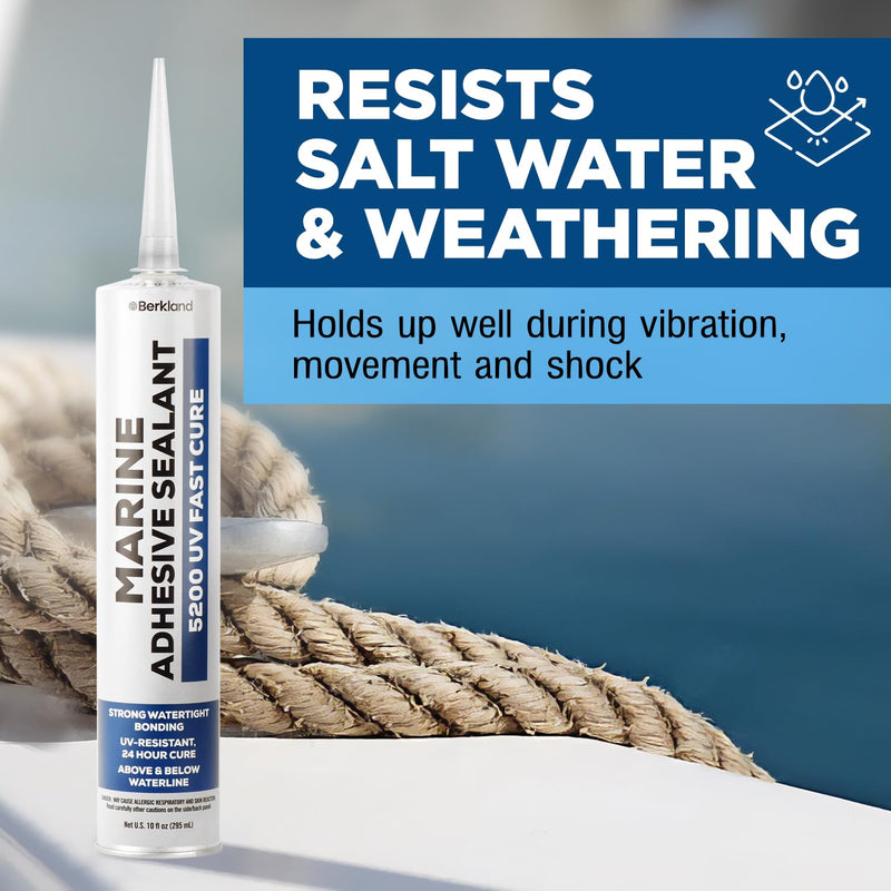 10 oz Marine Adhesive Sealant 5200 Fast Cure (White) - Permanent, Watertight Bonding and Sealing - UV Resistant, above & below Waterline - Compare to 05203 and 06520 FC M - by Berkland