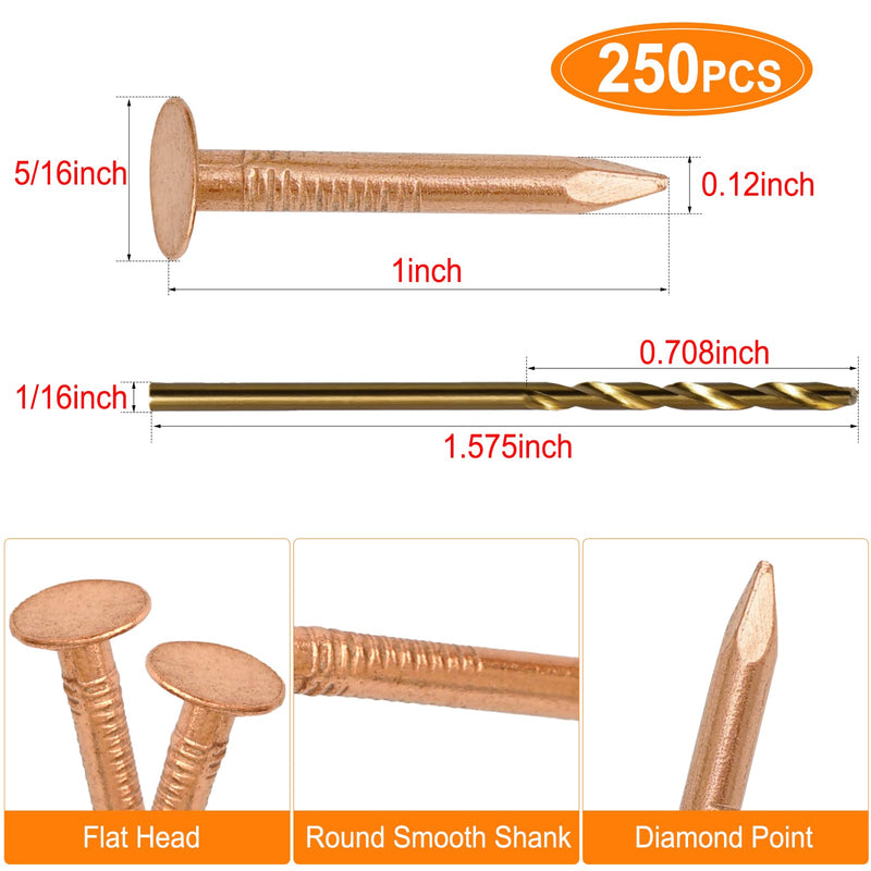 1 Inch Copper Nails, 250Pcs, 99.9% Pure Copper Nail for Roofing Finish, Furniture, Boat, Stump Remover, Industry, DIY Length: 1 Inch x 250 PCS x Dia. : 0.12 Inch
