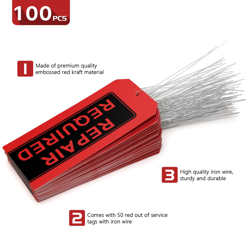 Repair Request Tags Plastic,100-pk Red Repair Tags with Wires Attached,Tear & Water Resistant PVC-Plastic,Maintenance Repair Tags,Weather Proof