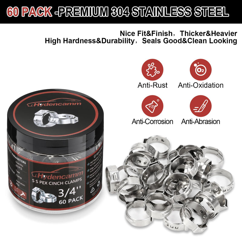 [Australia - AusPower] - 60 Pack 3/4 Inch PEX Crimp Rings, Premium 304 Stainless Steel Pex Clamps, Pex Cinch Clamp Rings with Storage Case for PEX Tubing Pipe Fitting Connections By Hydencamm(3/4"x60) 3/4"- 60pcs 3/4" 