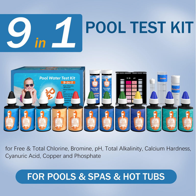 [Australia - AusPower] - 9 Way Pool Test Kit - Hot Tub and Spa Water Chemical Test Kit for pH & Total Chlorine & Free Chlorine & Bromine & Total Alkalinity & Calcium Hardness & Cyanuric Acid & Copper & Phosphate 9 in 1 Pool Test Kit 