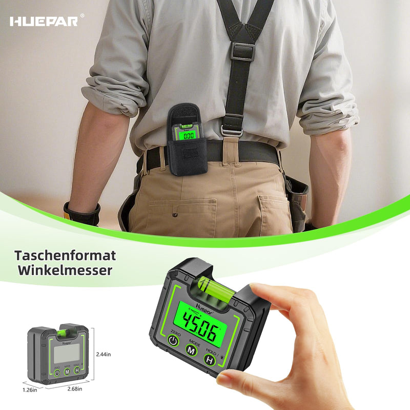 Huepar Digital Spirit Level, Mini Electronic Protractor, Digital Level Box with V-Groove Magnetic Base & Backlight, LCD Chamfer Gauge, Inclinometer for Carpentry, Construction, 0~360° AG01