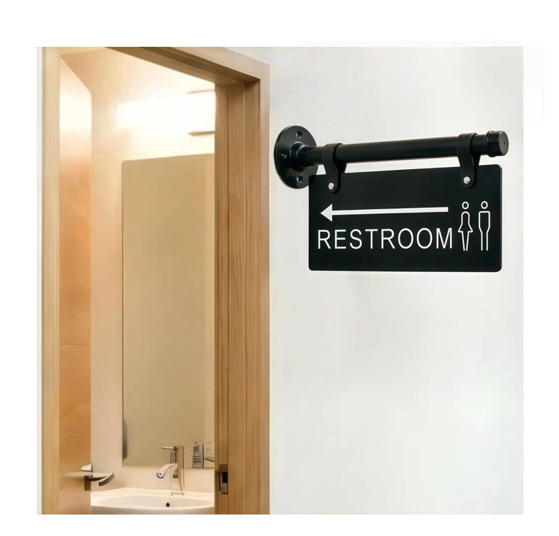 Double Sided Restroom Sign with Arrow, Wall Mount Unisex Bathroom Directional Sign with Metal Pipe Rod, Black, 11x4.7 Inch, Easy Install with Hanging Straps for Business Office & Public Hallway Bathroom (Black, Restroom)