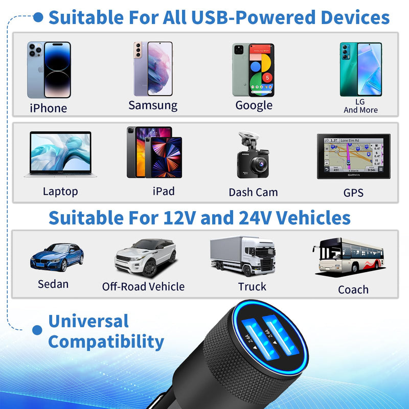 [Australia - AusPower] - 【MFi Certified】iPhone Fast Car Charger, Rombica 4.8A Dual USB Smart Power Cigarette Lighter USB Car Charger + 2Pack Lightning to USB Braided Cable for iPhone 14 13 12 11 Pro/XS Max/Mini/XR/SE/X/8/iPad Carbon Fiber Black 