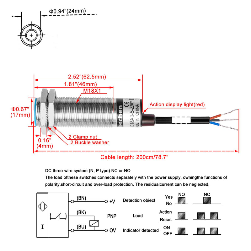 [Australia - AusPower] - M18 Capacitive Proximity Sensor Switch Shield Type LJC18A3-5-Z/AY Detection 5mm 10-30VDC 200mA PNP Normally Closed(NC) 3 Wires 