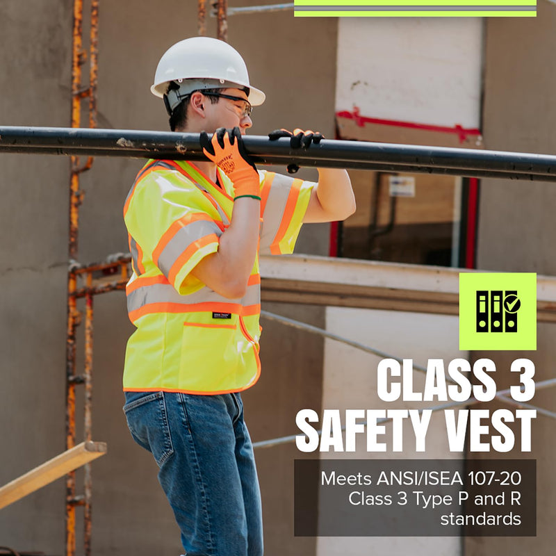 Pioneer Hi Vis Sleeved Safety Vest For Men & Women - Class 3 - Reflective Tape, Breathable - Pockets - Yellow/Green Medium