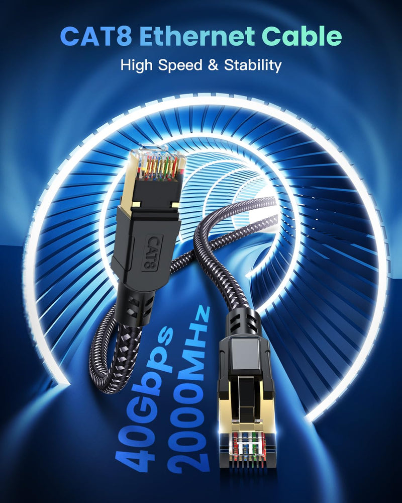 BUSOHE Cat 8 Ethernet Cable 50 FT, High Speed 40Gbps 2000Mhz Braided Network Internet Cable with Gold Plated RJ45 Connector, Heavy Duty LAN Cable S/FTP UV Resistant for Router/Gaming/PC, 30 Clips 50 feet
