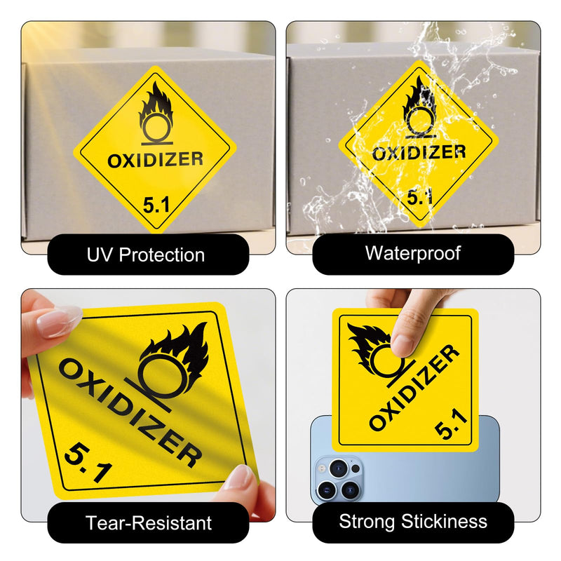 500 PCS Class 5.1 Oxidizer Labels 4 × 4 Inches DOT Hazardous Materials Warning Stickers Vinyl Self Adhesive Waterproof Label for Shipping Handling Transportation Storage