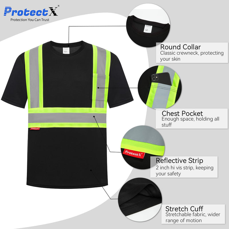 ProtectX High Visibility Shirts Short Sleeve Reflective Hi Vis Safety Shirts for Men and Women Construction Shirts 2 Pack Black Short Medium