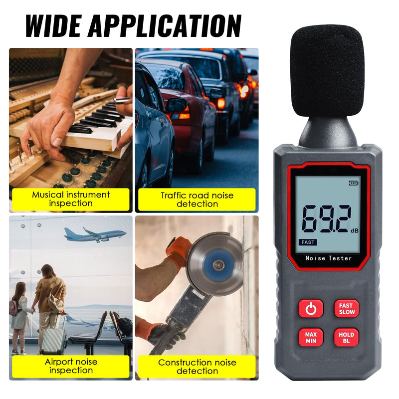[Australia - AusPower] - Decibel Meter, Digital Sound Level Meter 30-130 dB Portable SPL Meter Noise Tester with LCD Backlight Fast/Slow Mode, Sound Decibel Meter for Home Factories 