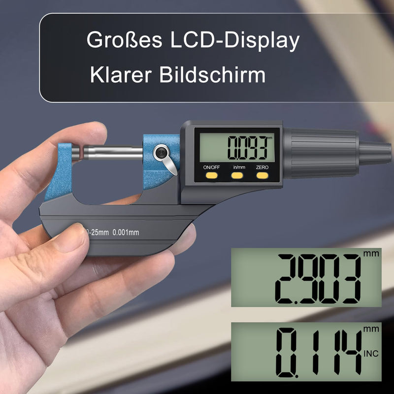 Micrometer Digital Outside Micrometer Measuring Range 0-25.4 mm, Resolution 0.001 mm / 0.00005 Inch, Electronic Micrometer LCD Micrometer, Thickness Gauge Tester, Length Measuring Tool