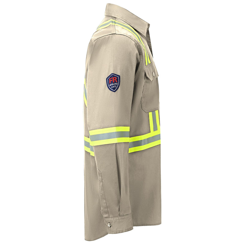 Hi Vis FR Shirt for Men 6.5oz Flame Resistant Class 3 Men's Reflective Safety Welding Shirts NFPA 2112/CAT2 Khaki X-Large