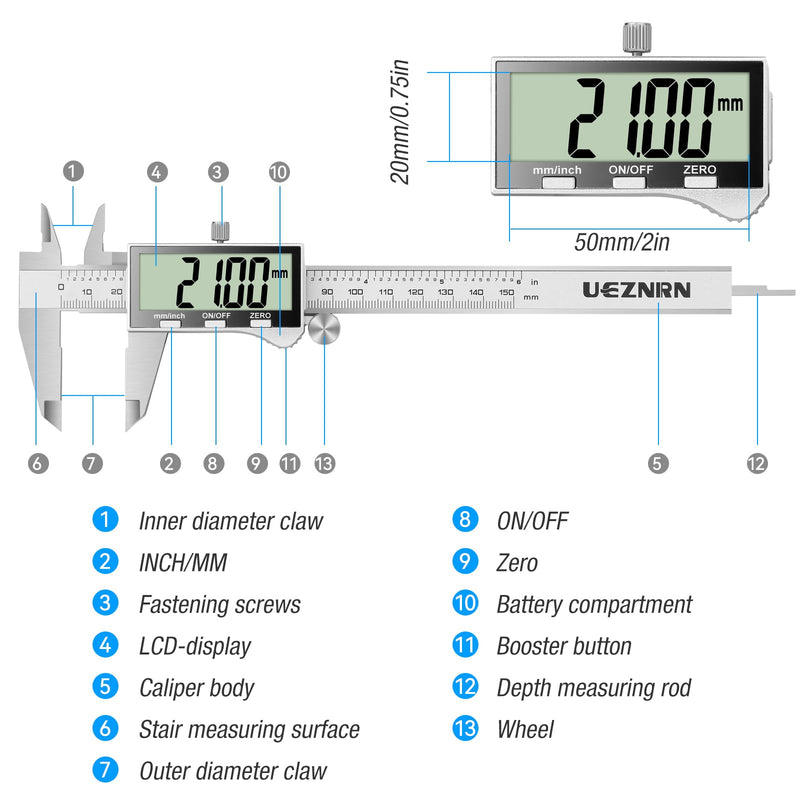 Ueznirn Digital Vernier Caliper with Large LCD Screen 150 mm | Digital calliper with splash protection and dust protection, calliper with spare battery and storage box 150mm-Silvery