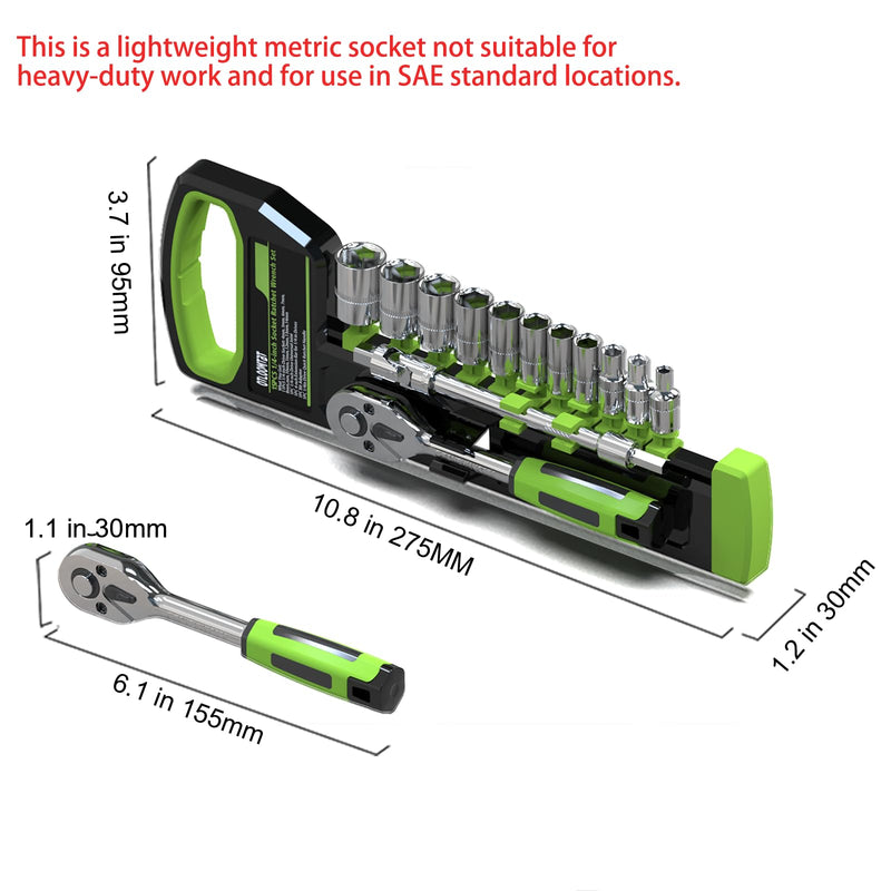 [Australia - AusPower] - 15pcs 1/4 Inch Drive Ratchet Socket Wrench Set, with Metric 4-14mm and Front and Rear Quick Released Ratchet Handle and Extension Bar Universal Joint Hand Drill Adapter, Portable Organizer 
