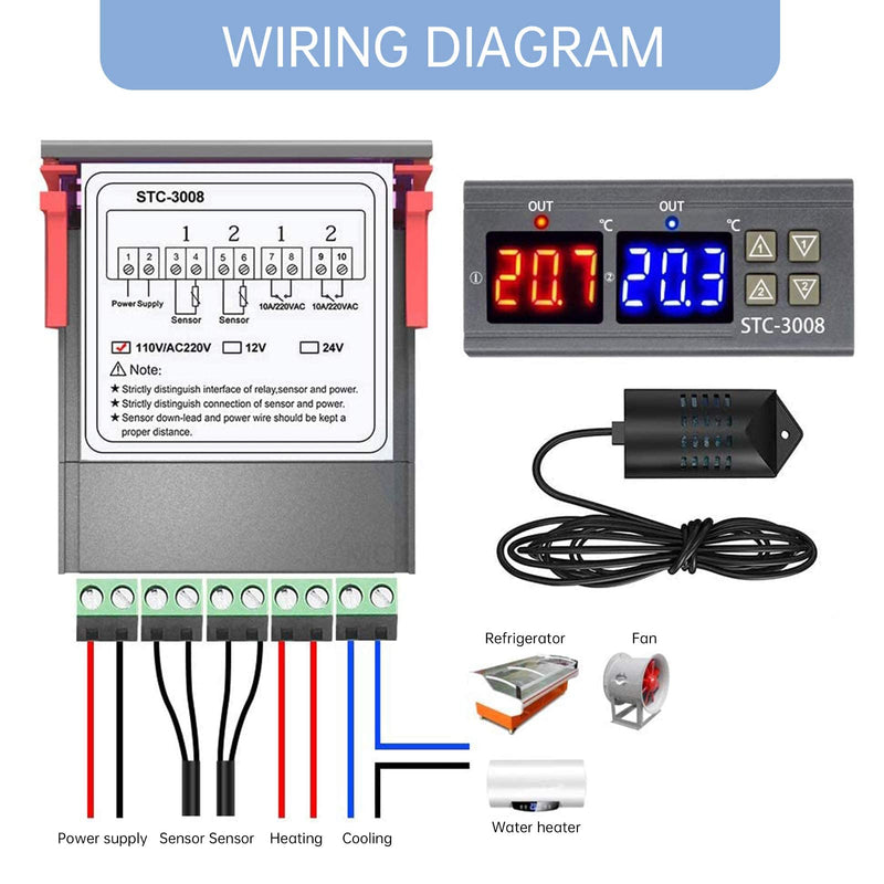 [Australia - AusPower] - RUIZHI STC-3028 Digital Temperature Humidity Controller Thermostat with Temperature Humidity Sensor Probe 10A Heating Cooling Humidifier Humidifier (110-220V) 